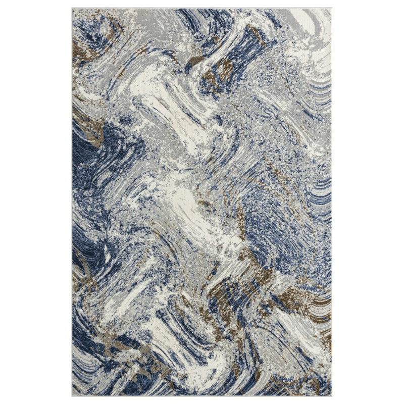 Tapis bleu abstrait en polypropylène tissé à la machine, Rectangle 5 pi x 7 pi