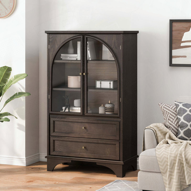 Modern Transitional Accent Storage Cabinet with Arched Glass Doors and Adjustable Shelf, Brown