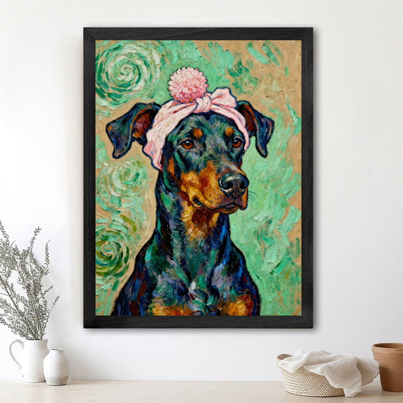 Noir encadré rétro Un mignon chien portant un foulard coloré, impressions sur toile de style rétro, H 17 po x l 13 po