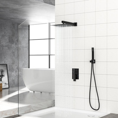 12 Inch Square Dual Shower Head Wall Mounted Matte Black System, - Scald Balanced, 360 Adjustable Rainfall Shower, Handheld For Tailored Use With Balanced Valve, Ultra Thin Head, Rotation, And Easy