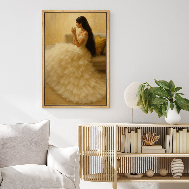 «Serene Woman Tea Moment Soft Neutral Interior Scene», reproduction d'art sur toile encadrée, H 36 po x l 24 po x P 1,5 po