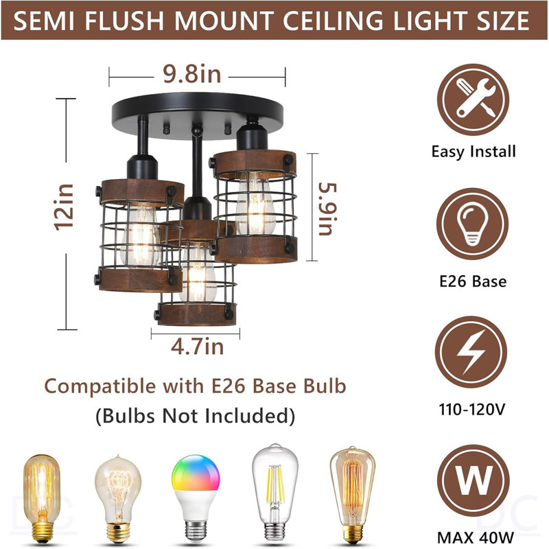 Plafonnier semi-encastré, lustre de ferme 3 lumières