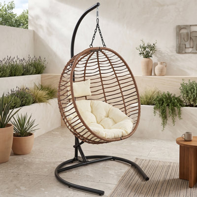 Fauteuil à œufs pliable en osier avec support en métal, pieds antidérapants et coussin réglables en PEHD