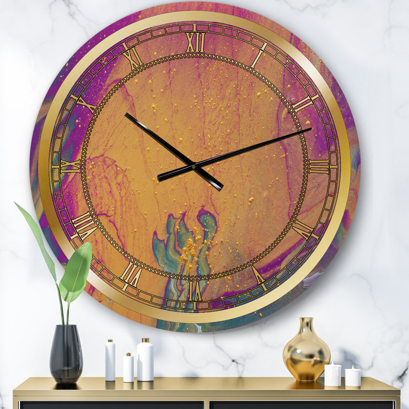 Horloge murale glamour or mauve et marbre bleu I, Petit
