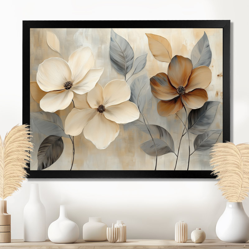 Fleurs crème et cuivre - Tableau encadré à motif floral sur toile, H 12 po x l 20 po, Cadre photo noir