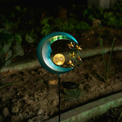 Lumières solaires lunaires, boule de verre craquelée bleue avec étoiles dorées, lumières de chemin à DEL imperméables pour jardins extérieurs