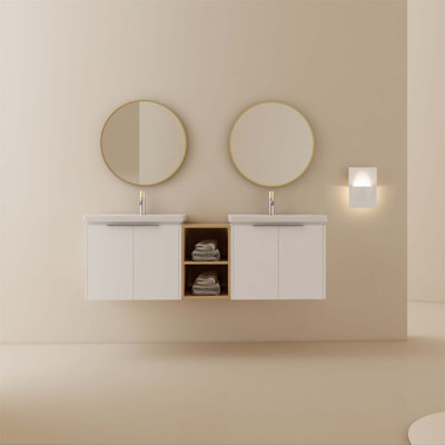 Meuble-lavabo mural avec portes à fermeture douce, lavabos doubles en céramique et petites tablettes de rangement