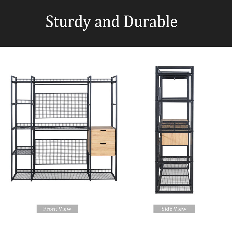 Garde-robe de style ouvert avec rails suspendus, tablettes et tiroirs, Noir