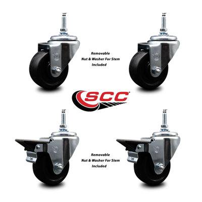 3 Inch_Soft Rubber 3/8 Inch Threaded Stem Caster Set 2 Brakes SCC