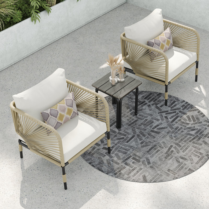 Acklin Wicker 300 - Person Patio Conversation Set with Cushions, White, Khaki