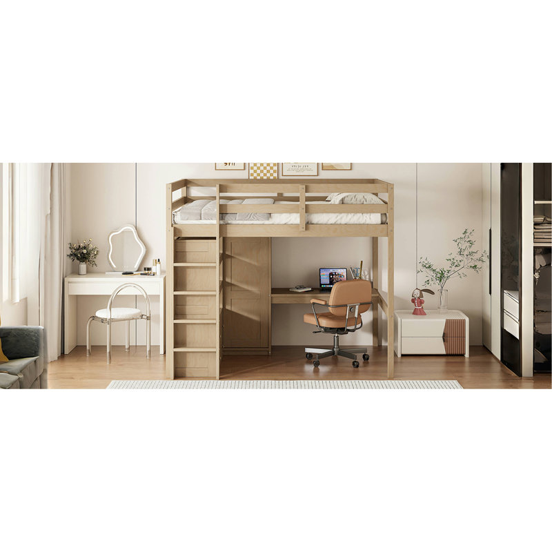 Lit mezzanine en bois avec garde-robe intégré, bureau, tablettes de rangement et tiroirs, Noyer