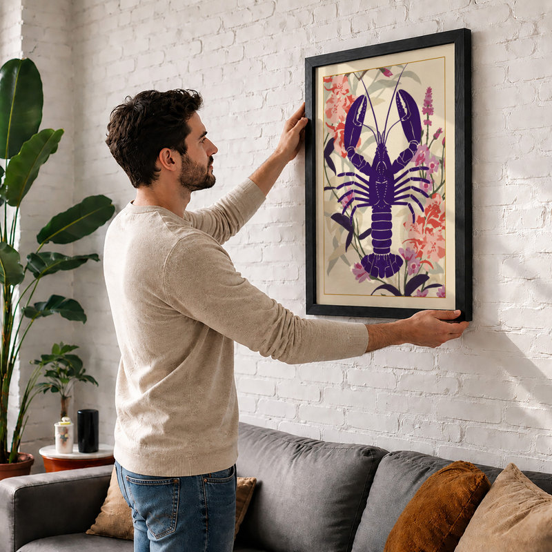 Purple Lobster In Bloom Vintage - Print, Oak, A4 - 29.7 x 21.0 cm