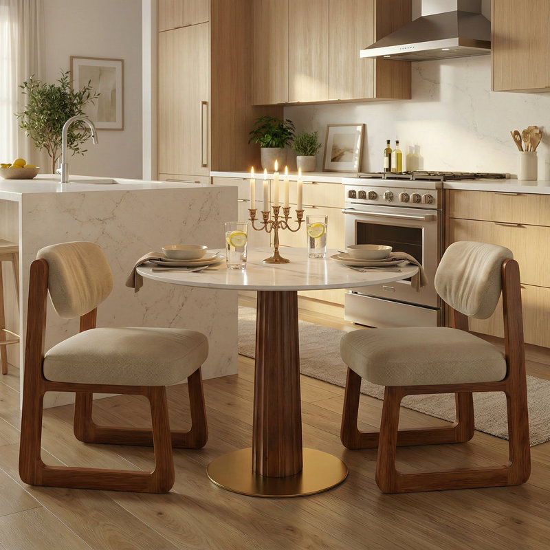 Ensemble de table de salle à manger 33,5 pouces moderne avec plateau en pierre, piédestal en bois massif et chaises réglables rembourrées