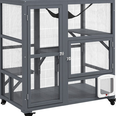 Indoor Cat Enclosure, 39" Wooden With Wheels, Gray - Multi-Level Platforms, & Flap Door For 2 Cats Up To 12 Lbs Collected In Sum House, Enclosure On Max