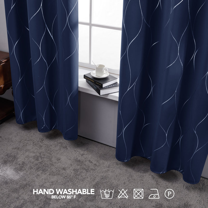 Seligman Wave Foil Printed Room Darkening Thermal Curtains, Navy Blue, Width 132 x Drop 138 cm