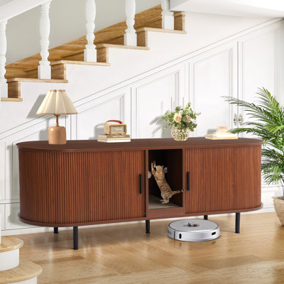 Grand bac à litière pour chat, meuble pour litière pour chat de 63 po avec chambre double, bac à litière caché et fermé pour 2 chats, maisonnette pour chat avec griffoir pour chat et boule de chat pour le salon