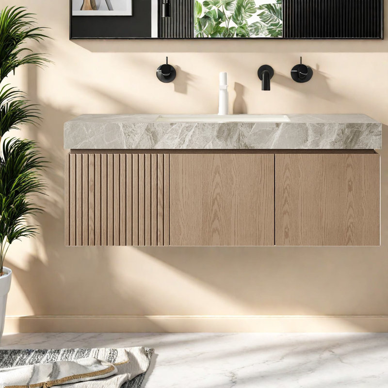 Meuble-lavabo moderne avec rangement, meuble-lavabo en contreplaqué et lavabo en céramique, plateau en pierre gris clair