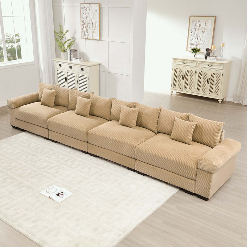 Modular Sectional Couch with 12 Throw Pillows, Camel Corduroy