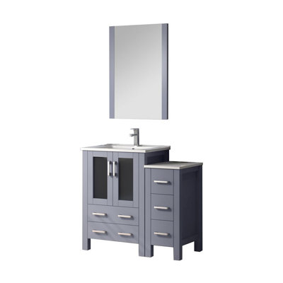 36 In. Dark Grey Vanity For Bathroom With Side Zinc - Coated Cabinet, Included Faucet, White Ceramic Top, And 22 Wall Mounted Mirror Slatted Full Length