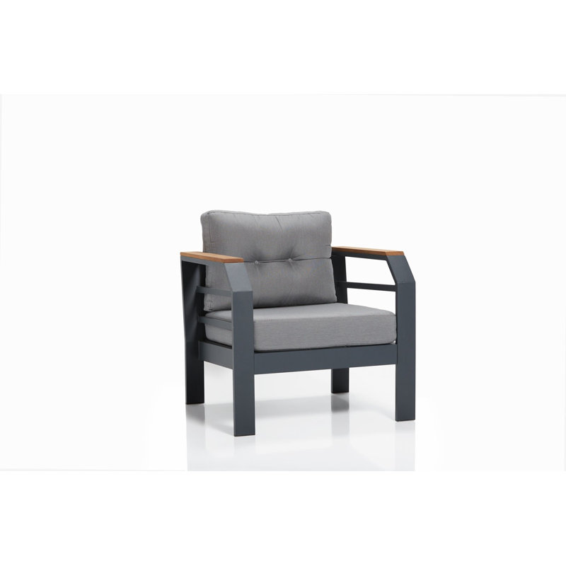Ensemble de salon de jardin moderne avec canapé 2 places et fauteuils à oreilles, gris et noir | Structure durable en 100% aluminium, tissu 100% acrylique facile à nettoyer, table basse en bois Iroko 43,3 po x 26,0 po x 15,7 po | Confortable 28 coussin