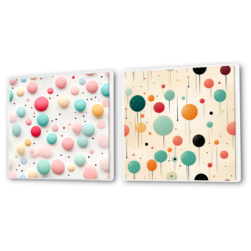 Funky Polka Dot Delights - Ensemble de 2 collages carrés à formes abstraites, Cadre flottant blanc, H 36 po x l 73 po