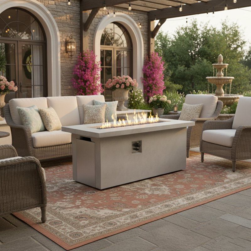 24" H x 61" W Outdoor Concrete Fire Pit Table with Hideaway Gas Tank Holder and Extra Storage Space 60,000BTU