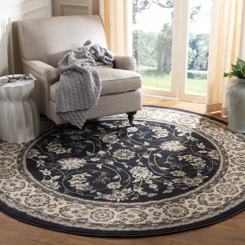 Klose Performance Oriental Rug, Round 7', Black/Cream