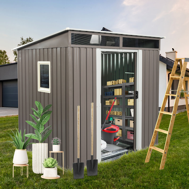 6Ft X 5Ft Outdoor Iron Shed With Storage Space - Galvanized Structure For Durability, Transparent Plate Enhanced , Padlockable Sliding Door, Easy Assembly, Tools Supplied Metal Unit Frame Sturdiness,