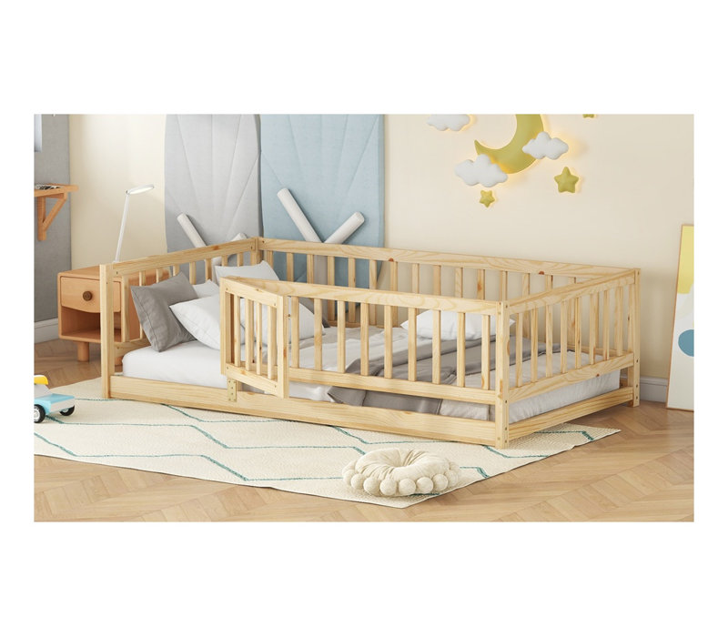Lit de sol avec barrière de sécurité et porte Montessori, Lit simple, Brun