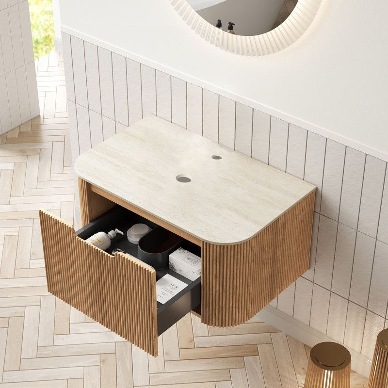 Meuble de rangement mural fixe de 76 cm (30 po) pour salle de bain, avec tiroir, comptoir en pierre frittée romaine, fini naturel, structure en contreplaqué, design moderne, teinte beige 1