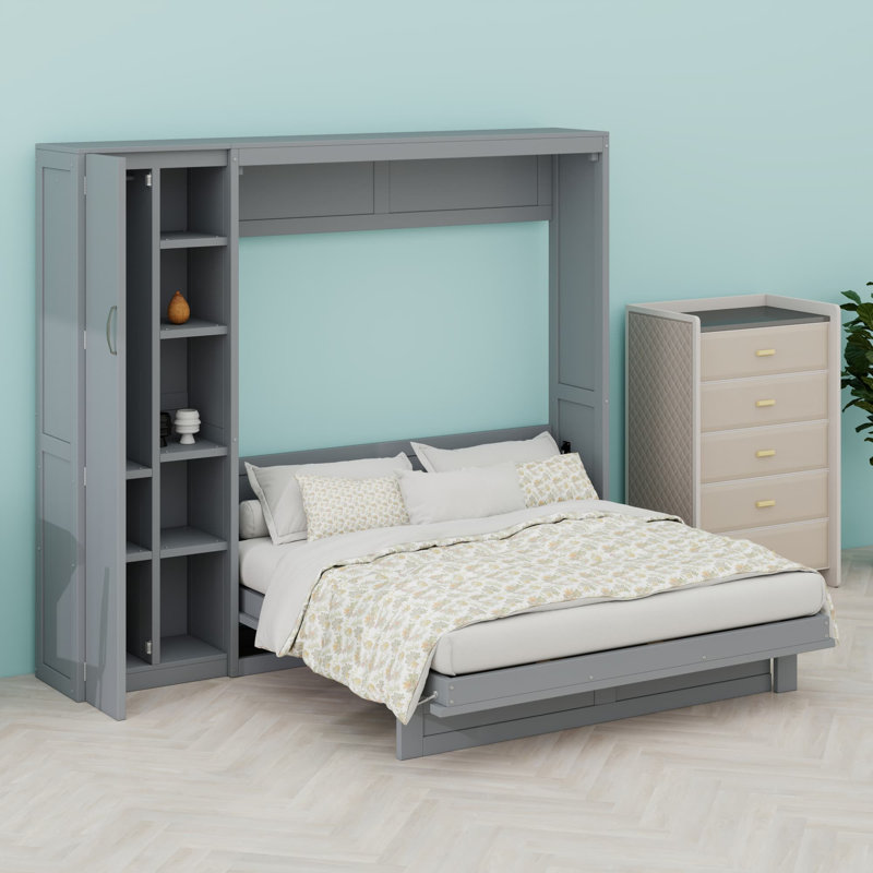 Lit escamotable mural avec tablettes Murphy, Gris, Lit double