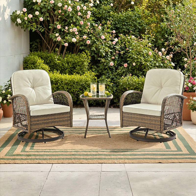 Baecher Wicker / Rattan 2 - Person Outdoor Seating Group with Swivel & Glider Chairs and Glass-Top Side Table