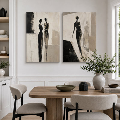 Black White Fashion Silhouette Artwork, Living Room Pictures, Framed Canvas Giclee Print 2 Pieces Wall Art