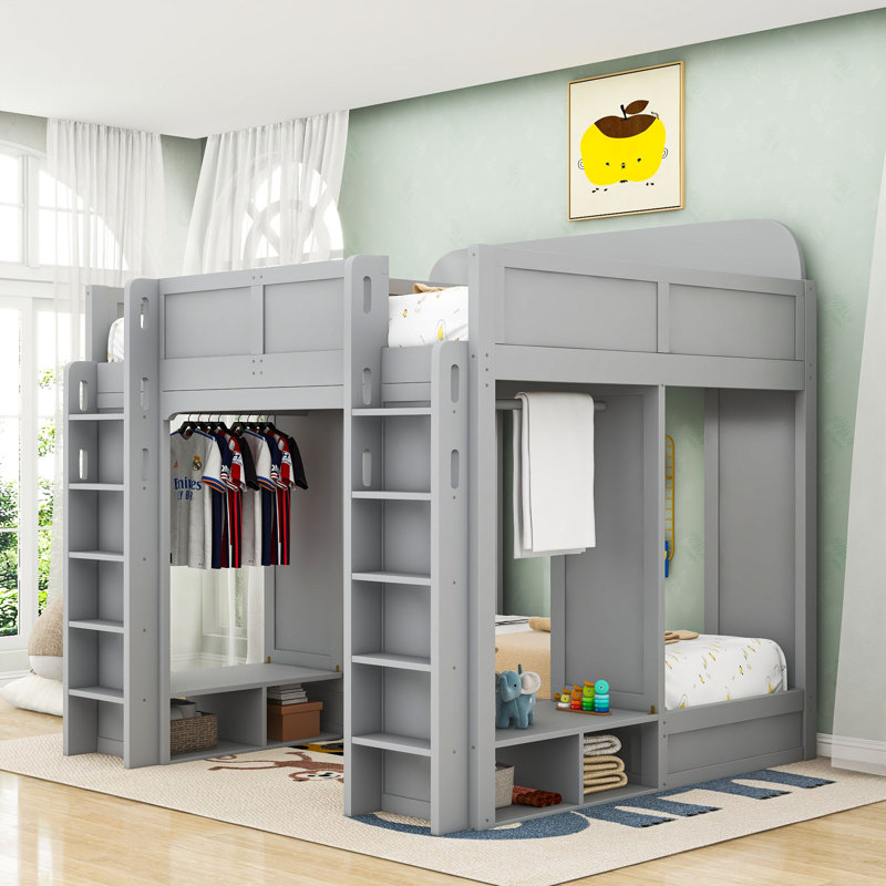 Twin And Twin Over Twin XL Wooden Bunk Bed With Hanging Hooks And Shelves, Gray