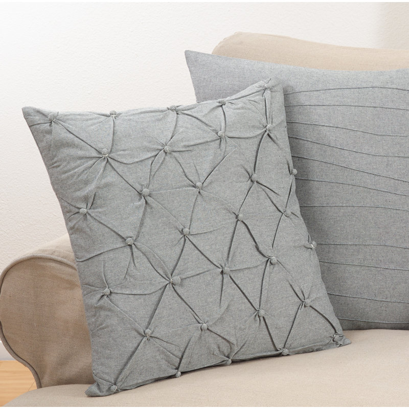 Gray Cotton Pintucked Button Square Throw Pillow 23"