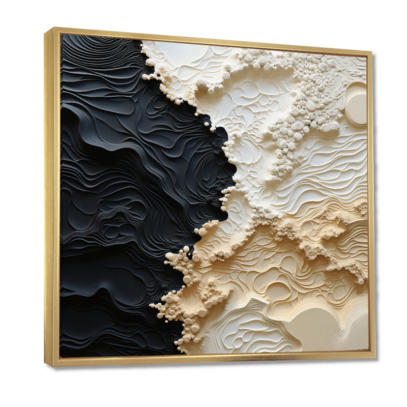 Abstrait crème et noir liquide, reproduction d'art sur toile côtière, Reproduction avec cadre flottant, Doré, 44" H x 44" W