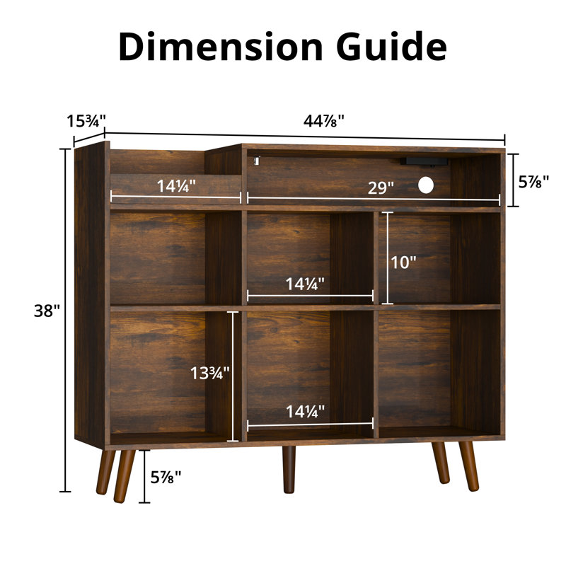 Meher 45'' W Record Player Stand with Charging Station and Media Shelves, Rustic Brown
