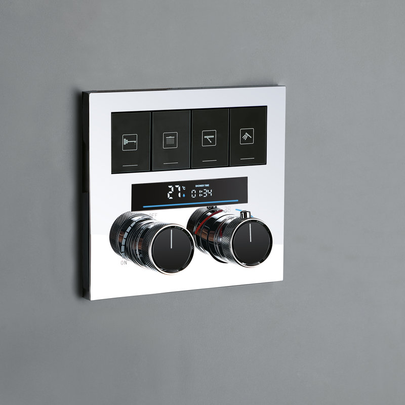 4-Function Digital Display Thermostatic Shower System With Waterfall & Rainfall Showerhead, Hand Shower, And Swivel Tub Spout
