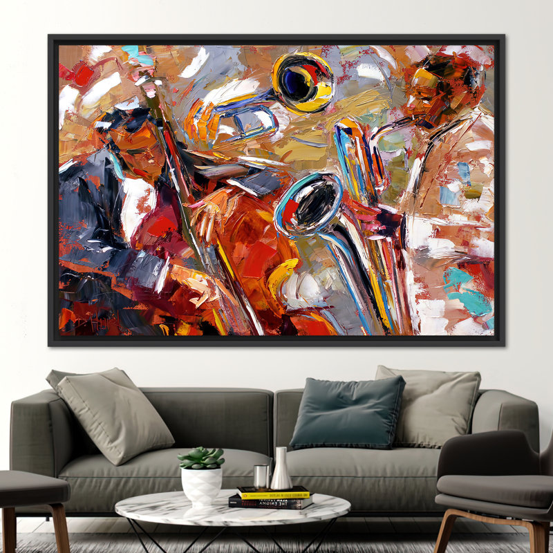 Abstract Jazz Music Canvas Art Featuring Saxophone and African American Ethnic Elements, 80 cm H x 110 cm W