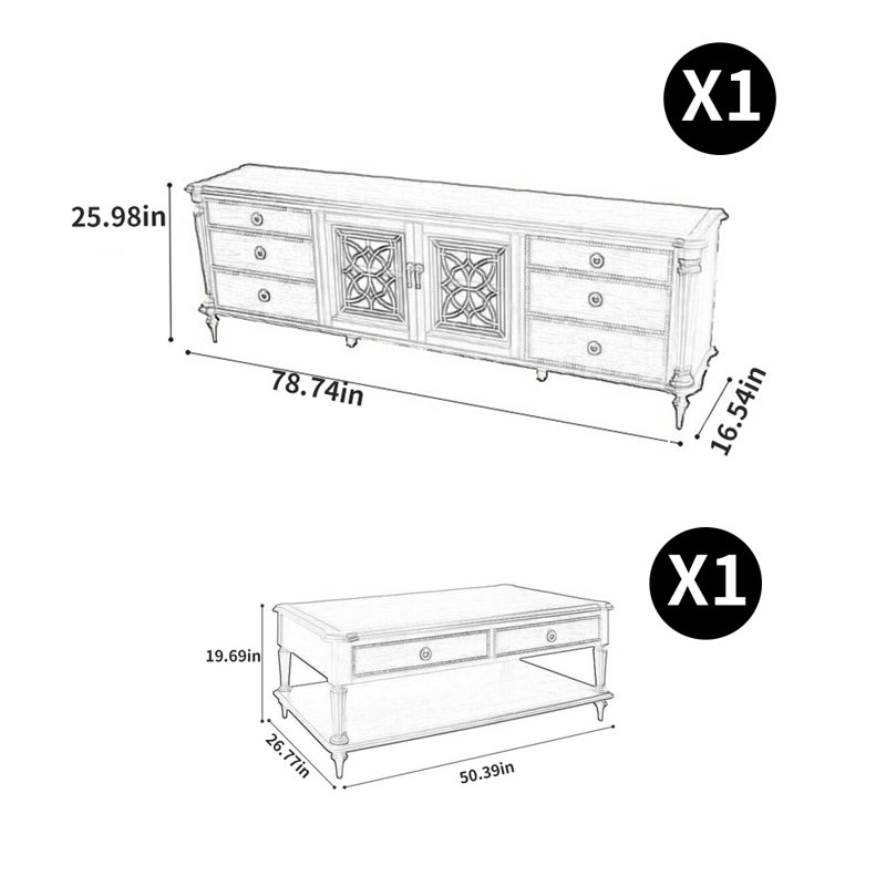 Vintage Coffee Table TV Stand Combination 2 - Piece Living Room Table Set