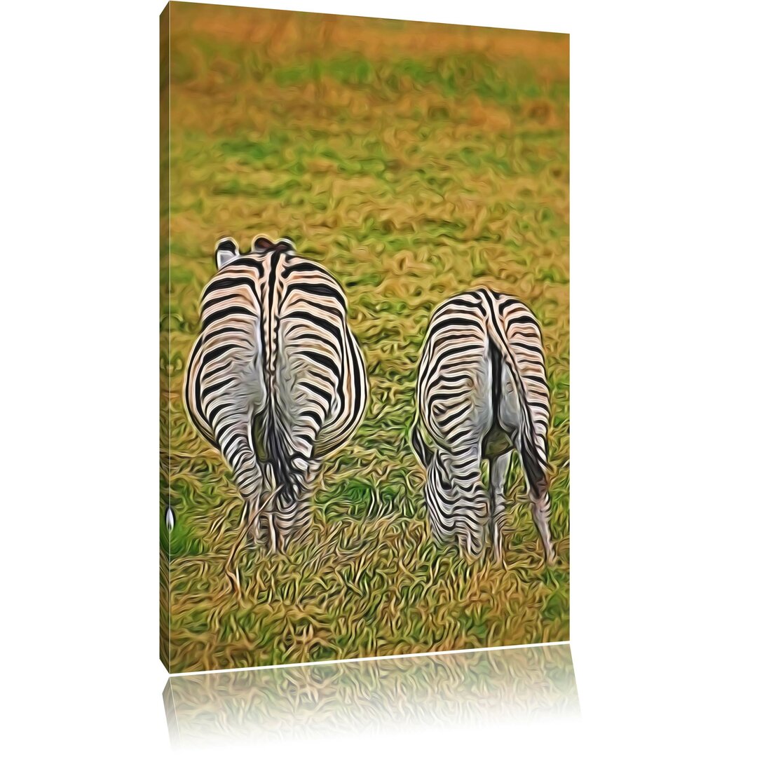 Leinwandbild Zebras mit weißen Vögeln