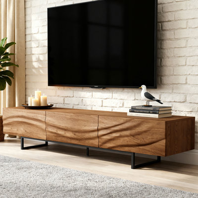 Modern Solid Wood TV Stand with Hidden Handles Black Metal Legs 3 Drawer Storage Media Console for TVs up to 90 Inches