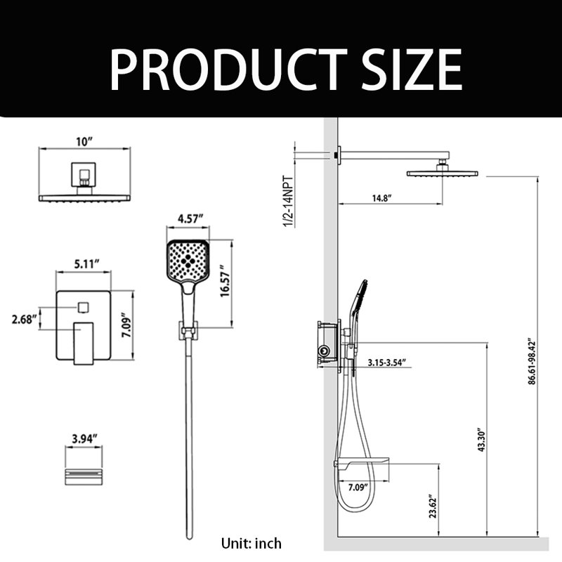 Wall Mounted Shower Faucet Set, Shower System With Tub Spout, 10" Rain Shower Head And 3-Setting Handheld Shower Head