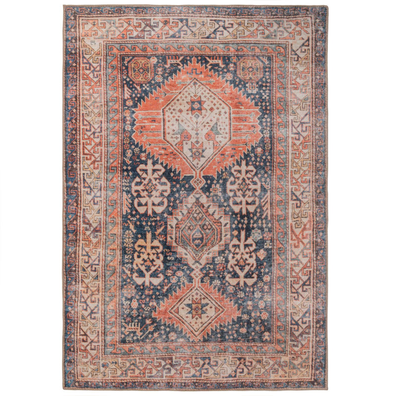 Machine Washable Navy Terra Traditional Persian Style Distressed Living Room Area Rug, Runner 60 x 240cm