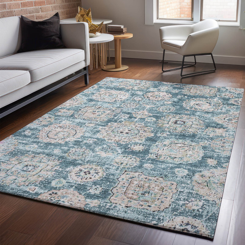 Tapis bleu sarcelle lavable à la machine Premium Cerrito, Rectangle 10 pi x 14 pi