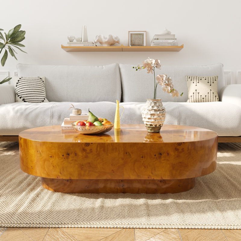 43" Modern Oval Coffee Table With Solid Wooden Veneer, Honey Brown
