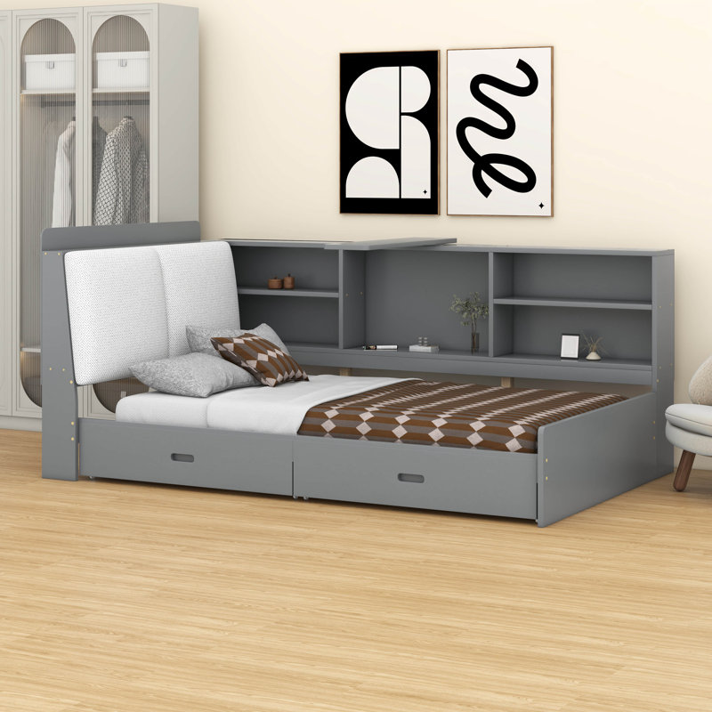 Lit plateforme simple en bois avec tablettes, 2 tiroirs et tête de lit tapissier, Gris
