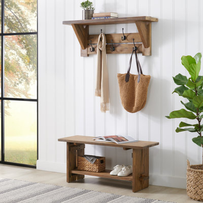 Bethel 40" Wide Industrial Rustic Farmhouse Solid Wood Wall Mounted Coat Rack With Shelf And Bench