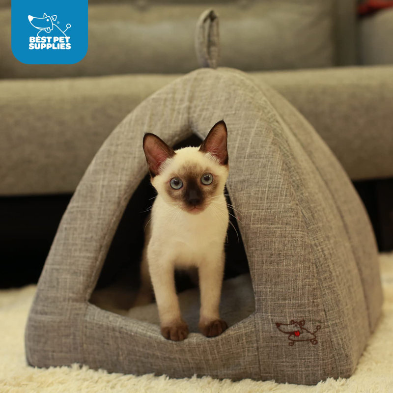 Gray Linen Small Pet Tent Bed with Removable Cushion