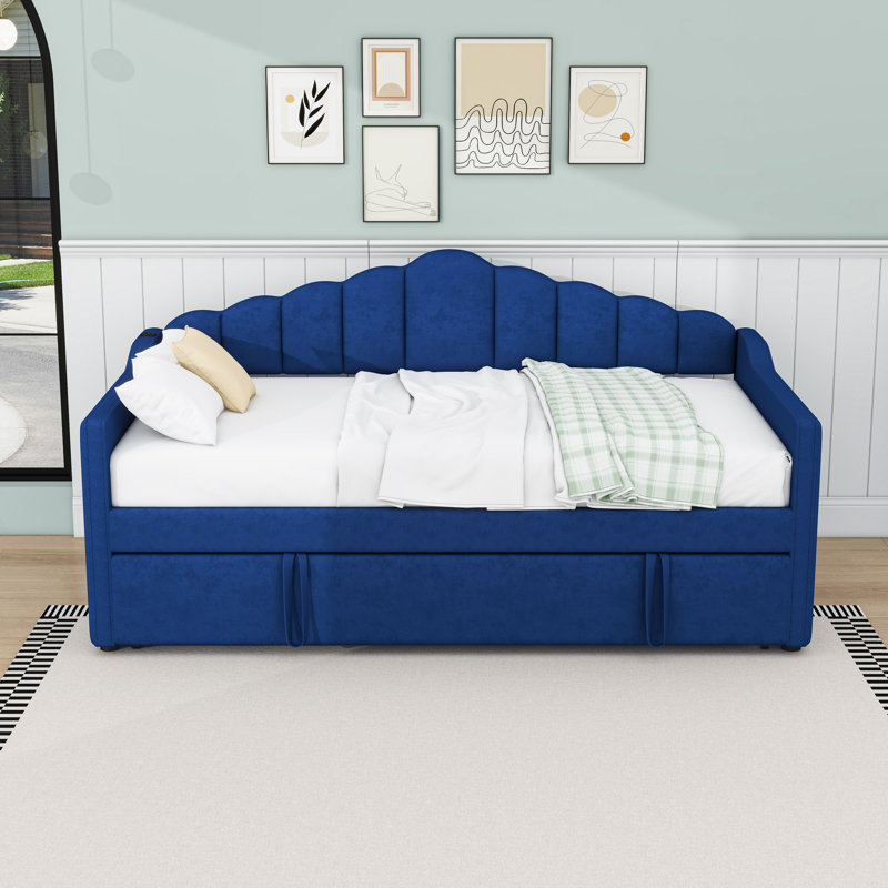 Lit de jour simple rembourré avec lit gigogne escamotable simple, ports USB et Type-C et poches, Bleu